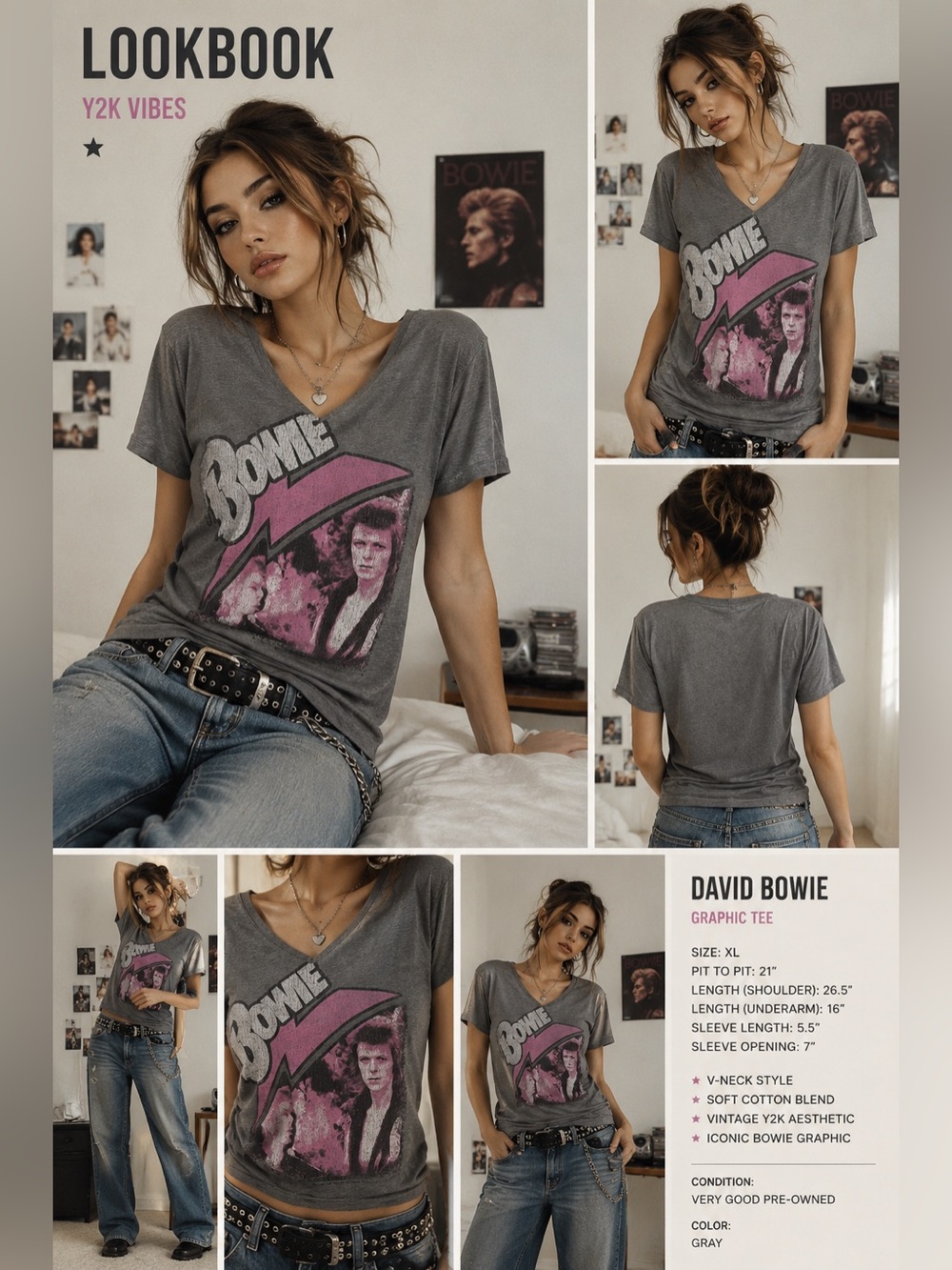 David Bowie Pink Lightning Bolt Graphic Tee XL